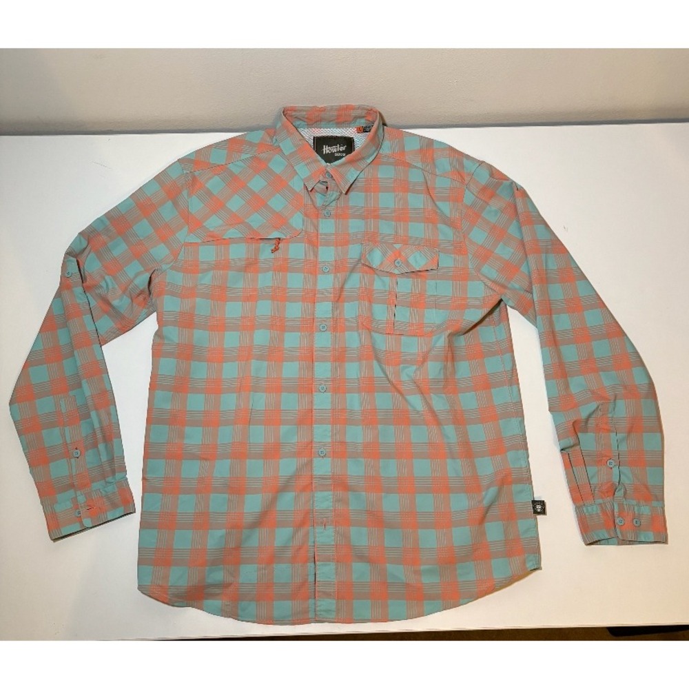 Howler Brothers Performance Button Down Shirt | Orange/Green | Large